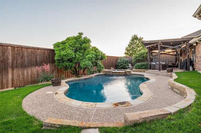 1350 Amistad Dr, Prosper, TX 75078 - view of swimming pool featuring a fenced backyard, an outdoor living space, a patio, a pergola, and a pool with connected hot tub