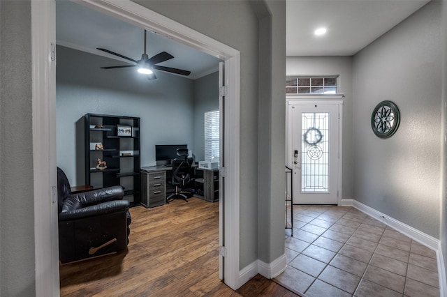 1350 Amistad Dr, Prosper, TX 75078 - foyer with baseboards, a ceiling fan, and wood finished floors