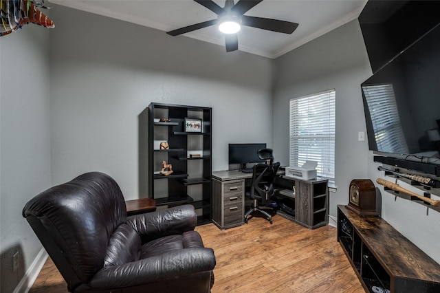 1350 Amistad Dr, Prosper, TX 75078 - office space featuring ornamental molding, ceiling fan, light wood-style flooring, and baseboards