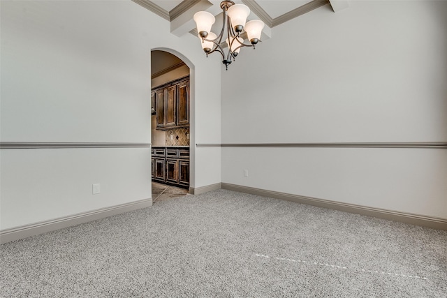 3009 Guadalupe Dr, Forney, TX 75126 - unfurnished room featuring a chandelier, crown molding, light colored carpet, arched walkways, and baseboards
