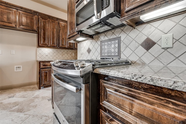 3009 Guadalupe Dr, Forney, TX 75126 - kitchen featuring appliances with stainless steel finishes, crown molding, tasteful backsplash, baseboards, and dark brown cabinetry