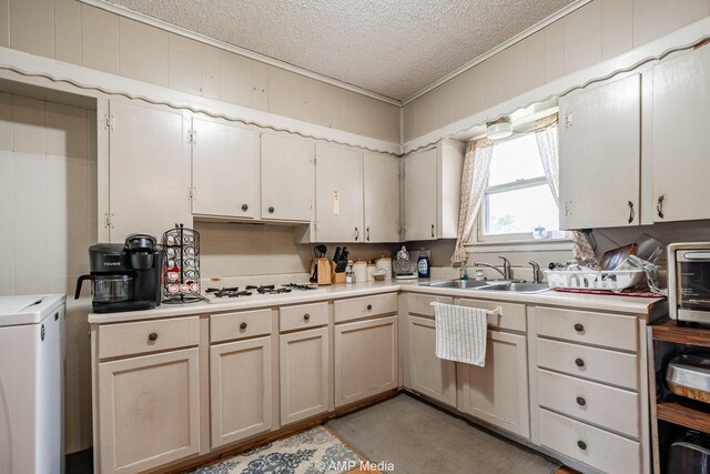 1302 6th St, Anson, TX 79501 - kitchen featuring a textured ceiling, light countertops, a sink, ornamental molding, and washer / dryer