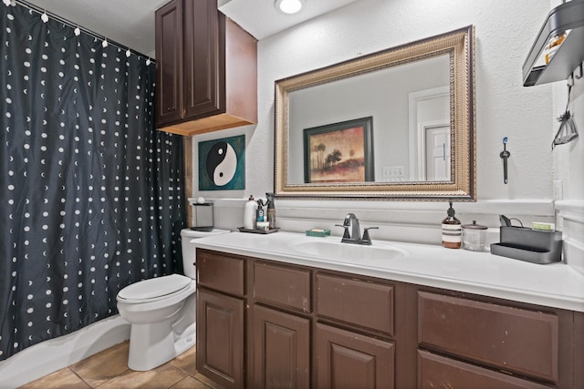 124 Bent Tree Trl, Burleson, TX 76028 - bathroom with toilet, vanity, tile patterned flooring, and a shower with curtain