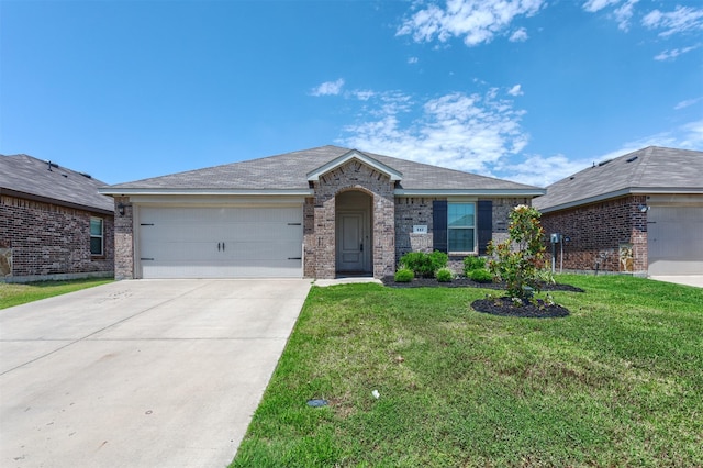 117 Sir Barton Ln, Caddo Mills, TX 75135 - single story home featuring brick siding, driveway, a front lawn, and an attached garage