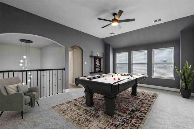 716 Field Xing, Little Elm, TX 76227 - playroom featuring carpet, a ceiling fan, arched walkways, vaulted ceiling, and pool table
