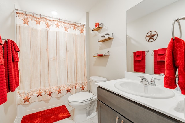 107 Alydar Ln, Caddo Mills, TX 75135 - full bathroom featuring vanity, toilet, tile patterned floors, and shower / tub combo with curtain