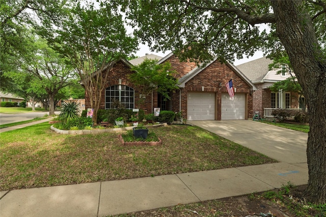7951 Belladonna Dr, Fort Worth, TX 76123 - view of front facade featuring brick siding, a garage, driveway, a front lawn, and a shingled roof