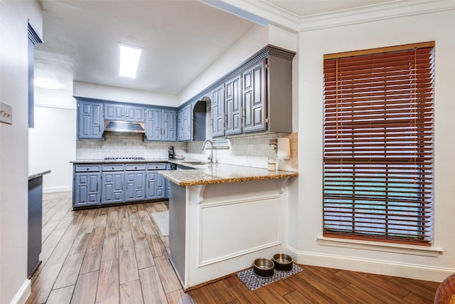 10220 Shadow Way, Dallas, TX 75243 - kitchen with gas cooktop, under cabinet range hood, a sink, tasteful backsplash, and light wood-style flooring