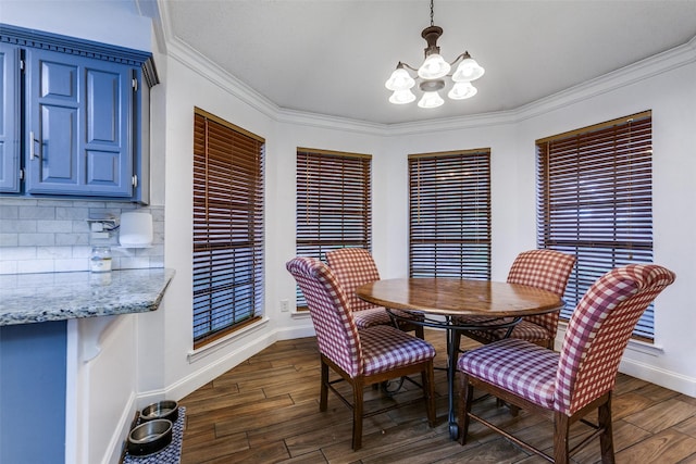 10220 Shadow Way, Dallas, TX 75243 - dining room featuring a chandelier, baseboards, dark wood finished floors, and crown molding
