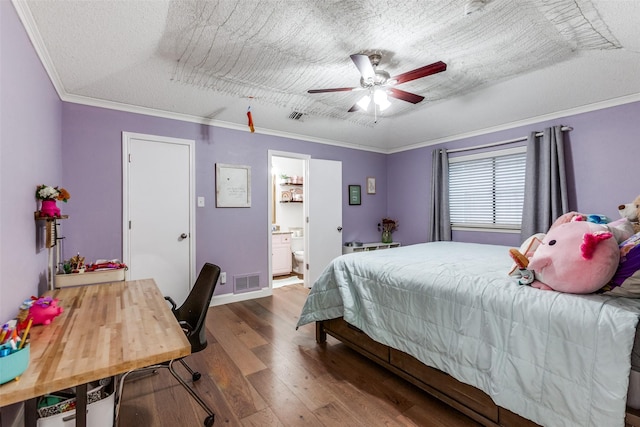 10220 Shadow Way, Dallas, TX 75243 - bedroom featuring hardwood / wood-style flooring, a desk, ornamental molding, ceiling fan, and ensuite bath