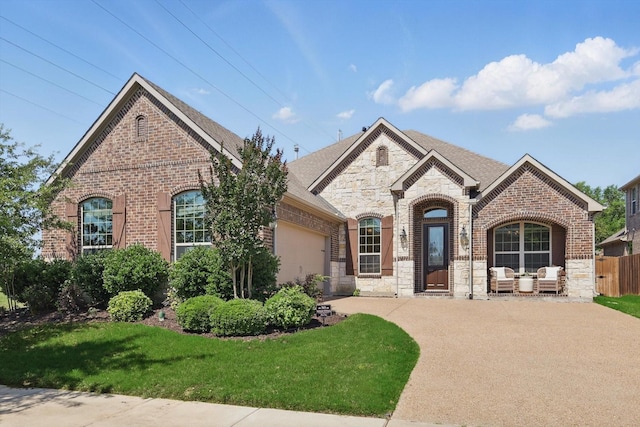 14513 Mediterranean Dr, Frisco, TX 75035 - french country home featuring stone siding, brick siding, and a garage