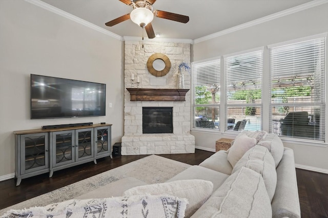 14513 Mediterranean Dr, Frisco, TX 75035 - living room with crown molding, a ceiling fan, baseboards, and wood finished floors