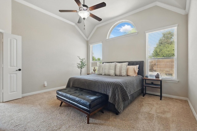 14513 Mediterranean Dr, Frisco, TX 75035 - carpeted bedroom featuring crown molding, baseboards, ceiling fan, and high vaulted ceiling