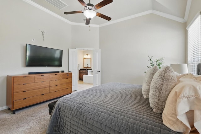 14513 Mediterranean Dr, Frisco, TX 75035 - bedroom with vaulted ceiling, carpet floors, crown molding, ensuite bath, and ceiling fan