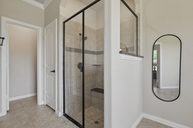 14513 Mediterranean Dr, Frisco, TX 75035 - full bath featuring a shower stall, ornamental molding, and baseboards