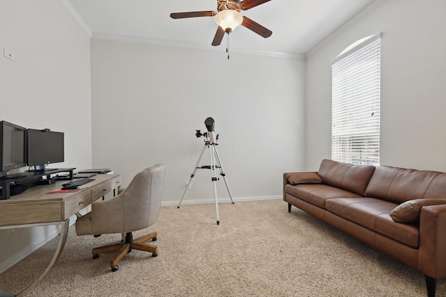 14513 Mediterranean Dr, Frisco, TX 75035 - office area featuring ornamental molding, a ceiling fan, carpet, and baseboards
