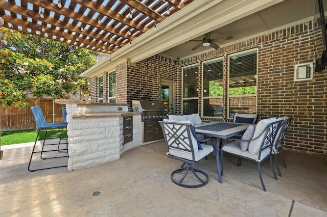 14513 Mediterranean Dr, Frisco, TX 75035 - view of patio / terrace with outdoor dining area, a ceiling fan, and a pergola
