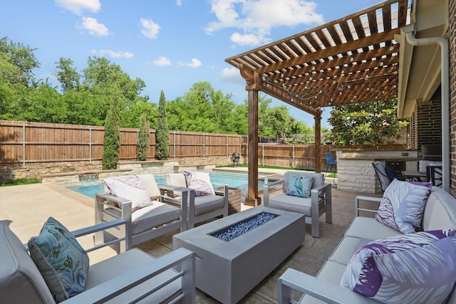14513 Mediterranean Dr, Frisco, TX 75035 - fenced backyard with an outdoor living space with a fire pit, a pergola, and a patio area