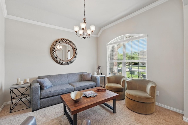 14513 Mediterranean Dr, Frisco, TX 75035 - living room with a chandelier, ornamental molding, carpet floors, baseboards, and lofted ceiling