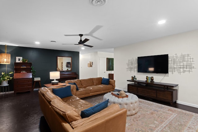 2512 Buckingham Dr, Denton, TX 76209 - living room featuring baseboards, wood finished floors, a ceiling fan, and recessed lighting