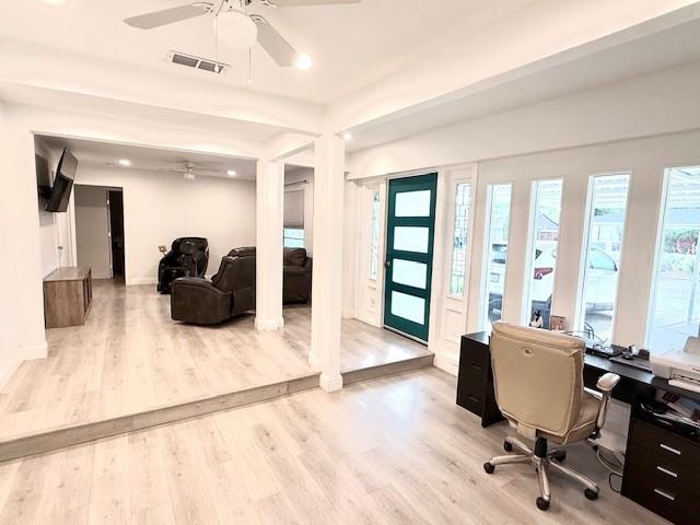 2711 San Diego Dr, Dallas, TX 75228 - home office with ceiling fan, healthy amount of natural light, wood finished floors, and recessed lighting
