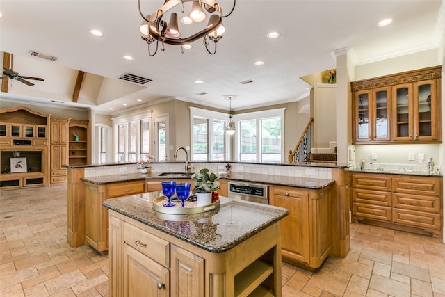 2313 Ember Woods Dr, Keller, TX 76262 - kitchen featuring a spacious island, a sink, dishwasher, stone tile floors, and recessed lighting
