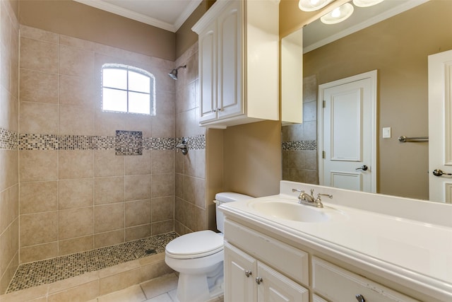2313 Ember Woods Dr, Keller, TX 76262 - full bathroom featuring tiled shower, ornamental molding, vanity, and toilet