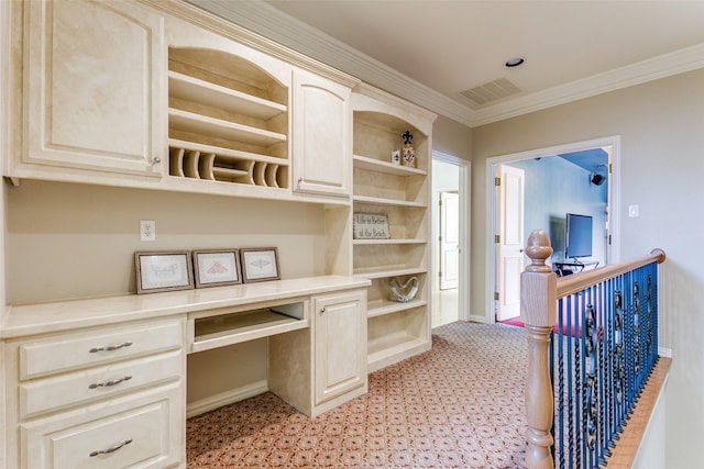 2313 Ember Woods Dr, Keller, TX 76262 - office featuring crown molding, light carpet, baseboards, and built in desk