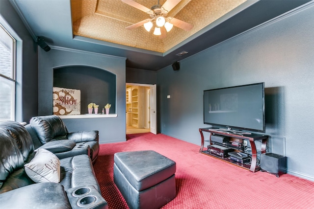 2313 Ember Woods Dr, Keller, TX 76262 - carpeted living area featuring ceiling fan, a raised ceiling, and baseboards