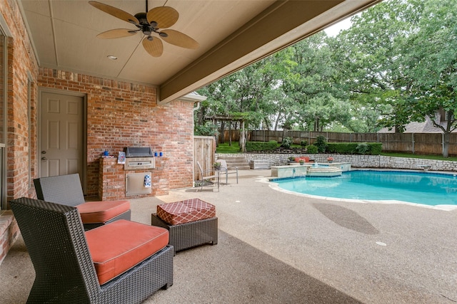 2313 Ember Woods Dr, Keller, TX 76262 - view of swimming pool with a fenced backyard, ceiling fan, a patio area, and a pool with connected hot tub