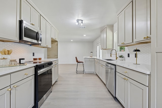2023 William Ln, Carrollton, TX 75006 - kitchen with appliances with stainless steel finishes, light wood finished floors, a sink, and backsplash
