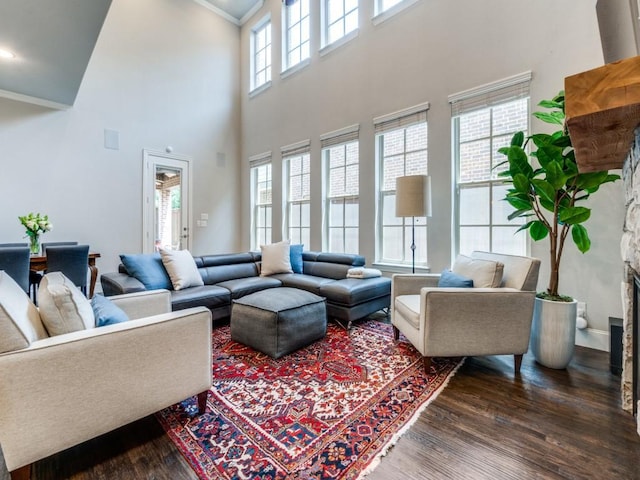 916 Shadyside Ln, Dallas, TX 75223 - living room with dark wood-style floors, ornamental molding, a high ceiling, a stone fireplace, and baseboards