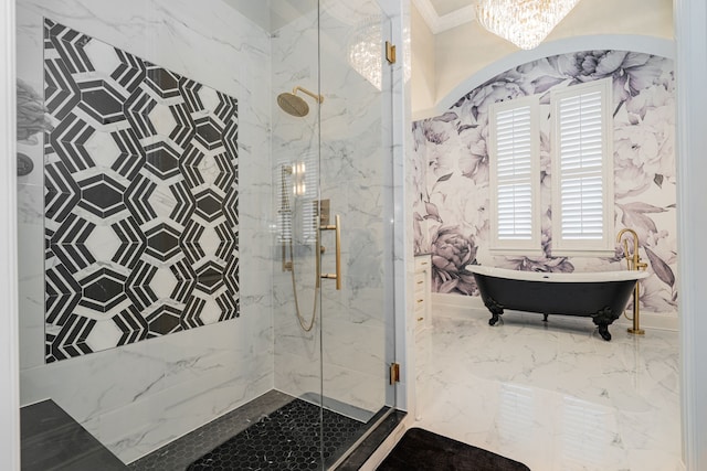 13 Kensington Dr, Heath, TX 75032 - bathroom featuring a marble finish shower, a freestanding tub, a chandelier, marble tiled flooring, and ornamental molding