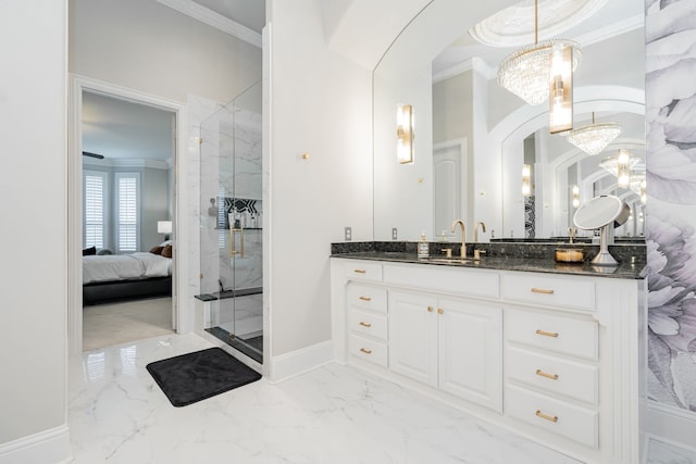 13 Kensington Dr, Heath, TX 75032 - bathroom featuring marble finish floors, a chandelier, a marble finish shower, vanity, and ensuite bathroom
