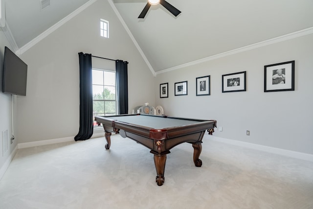13 Kensington Dr, Heath, TX 75032 - playroom featuring billiards, ceiling fan, light colored carpet, ornamental molding, and healthy amount of natural light