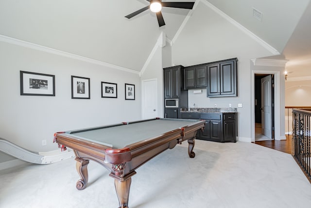 13 Kensington Dr, Heath, TX 75032 - rec room featuring crown molding, pool table, ceiling fan, high vaulted ceiling, and baseboards