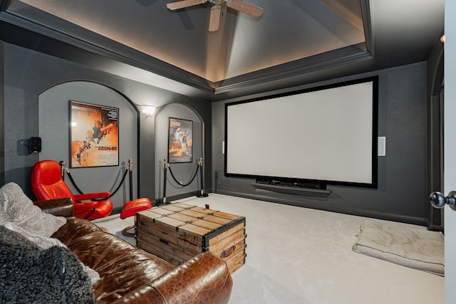 13 Kensington Dr, Heath, TX 75032 - cinema with ceiling fan, carpet flooring, a tray ceiling, and baseboards