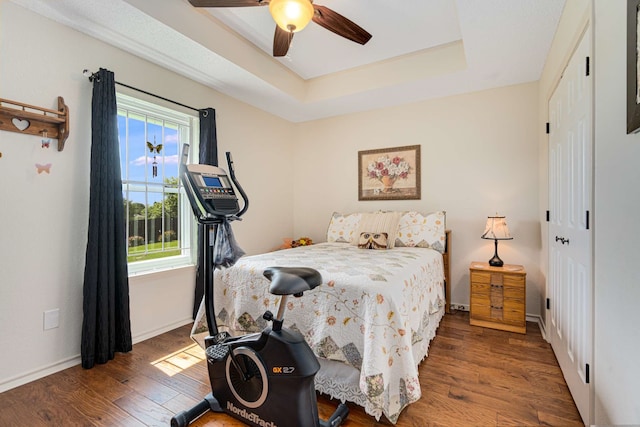 10253 Fieldcrest Dr, Benbrook, TX 76126 - bedroom featuring wood finished floors, a closet, a raised ceiling, baseboards, and ceiling fan