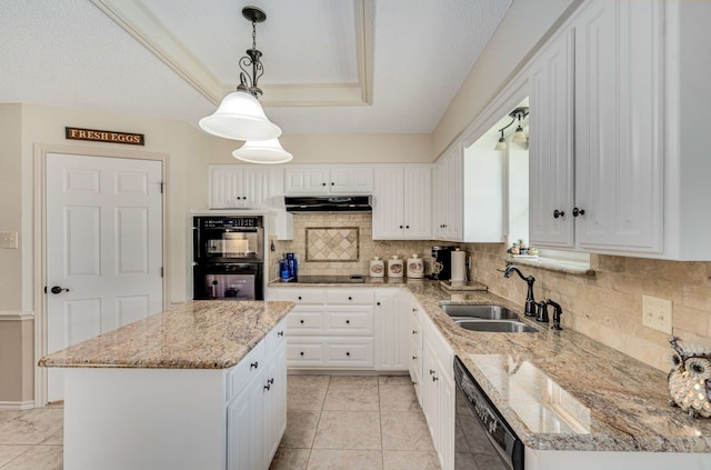 10253 Fieldcrest Dr, Benbrook, TX 76126 - kitchen with under cabinet range hood, a sink, black appliances, and white cabinets