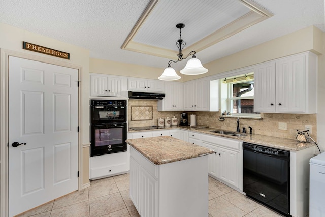 10253 Fieldcrest Dr, Benbrook, TX 76126 - kitchen with black appliances, a sink, under cabinet range hood, white cabinets, and a textured ceiling
