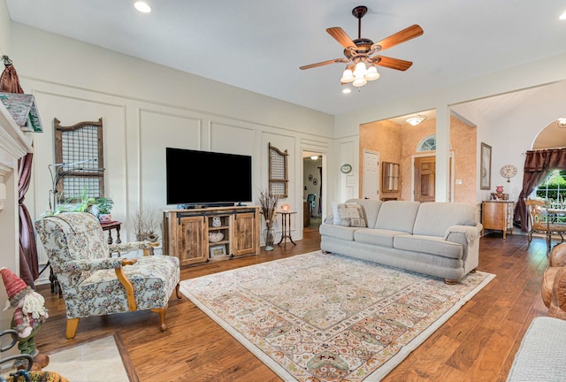 10253 Fieldcrest Dr, Benbrook, TX 76126 - living room featuring ceiling fan, wood finished floors, and recessed lighting