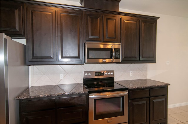 1928 Argyle Ln, Lewisville, TX 75067 - kitchen featuring stainless steel appliances, backsplash, dark stone countertops, and dark brown cabinets