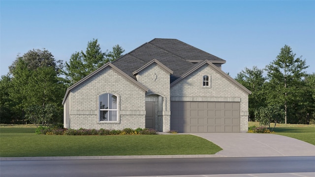 3056 Dutch Rd, Providence Village, TX 76227 - french country home with concrete driveway, a front lawn, brick siding, an attached garage, and a shingled roof