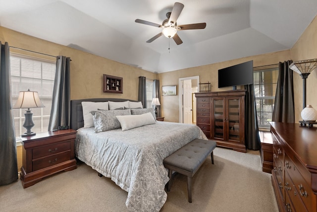 7600 Teresa Ct, North Richland Hills, TX 76182 - bedroom with light colored carpet, a ceiling fan, lofted ceiling, and a raised ceiling
