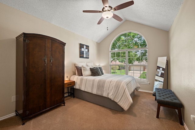 7600 Teresa Ct, North Richland Hills, TX 76182 - bedroom with carpet, lofted ceiling, a textured ceiling, baseboards, and ceiling fan