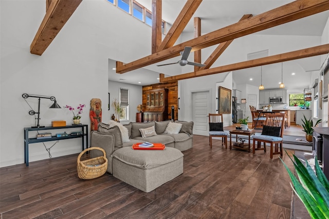 511 Mcfarland Ranch Rd, Aledo, TX 76008 - living area featuring high vaulted ceiling, beamed ceiling, dark wood-style flooring, and recessed lighting