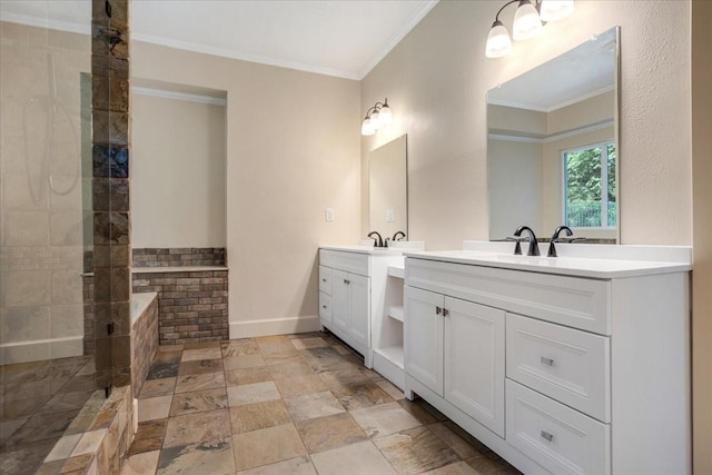 4291 County Road 862, Mckinney, TX 75071 - full bath with two vanities, crown molding, a tile shower, and stone finish floors