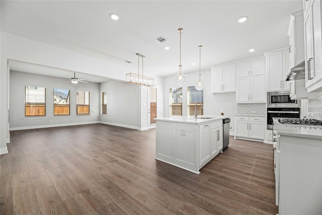 16532 Dunkirk Ln, Frisco, TX 75035 - kitchen featuring stainless steel appliances, healthy amount of natural light, ceiling fan, tasteful backsplash, and recessed lighting