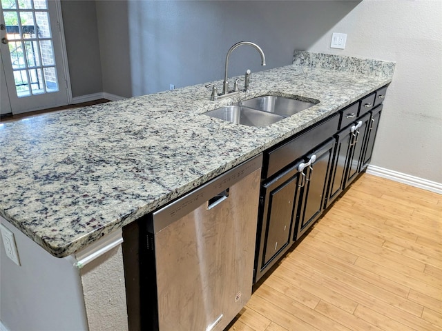 7525 Holly Hill Dr Unit 68, Dallas, TX 75231 - kitchen featuring stainless steel dishwasher, a sink, baseboards, light wood-style flooring, and light stone counters
