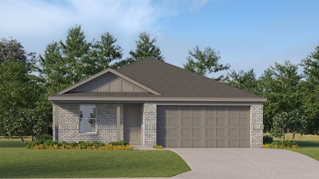 2041 Welsh Ln, Aubrey, TX 76227 - view of front of property featuring brick siding, a garage, a front lawn, concrete driveway, and board and batten siding